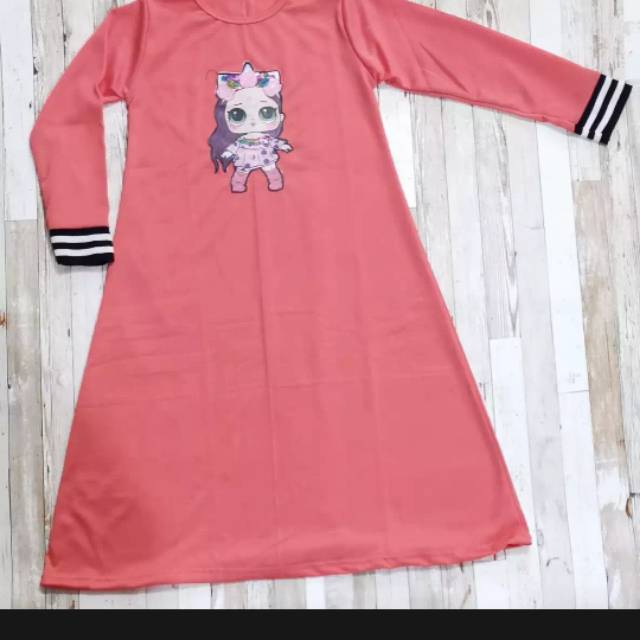 Gamis anak gambar lol 6-11thn dengan manset salur tersedia banyak warna