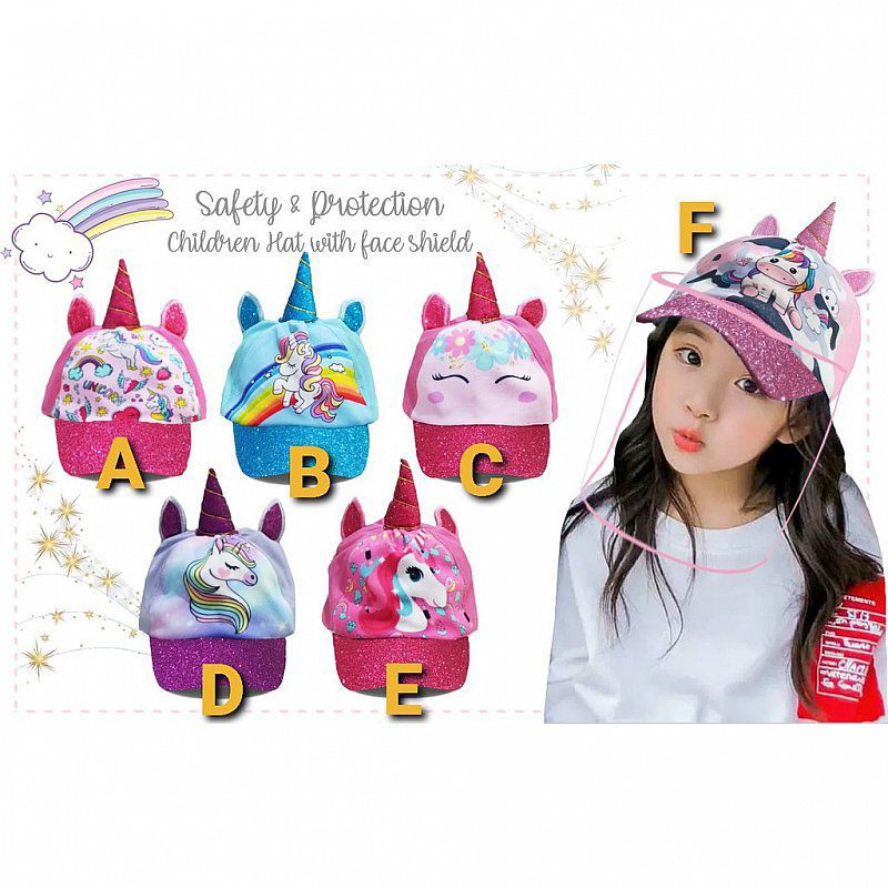 Topi Mika Face Shield Corona Anak Kecil Cewek Girl Kids Unicorn Little Pony Pegasus Lucu Pesta Murah