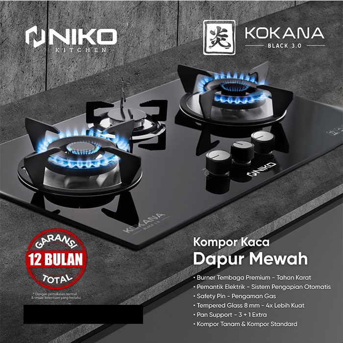 NIKO KOKANA BLACK 3.0 KOMPOR GAS TANAM 3 TUNGKU TEMPERED GLASS-TERBARU