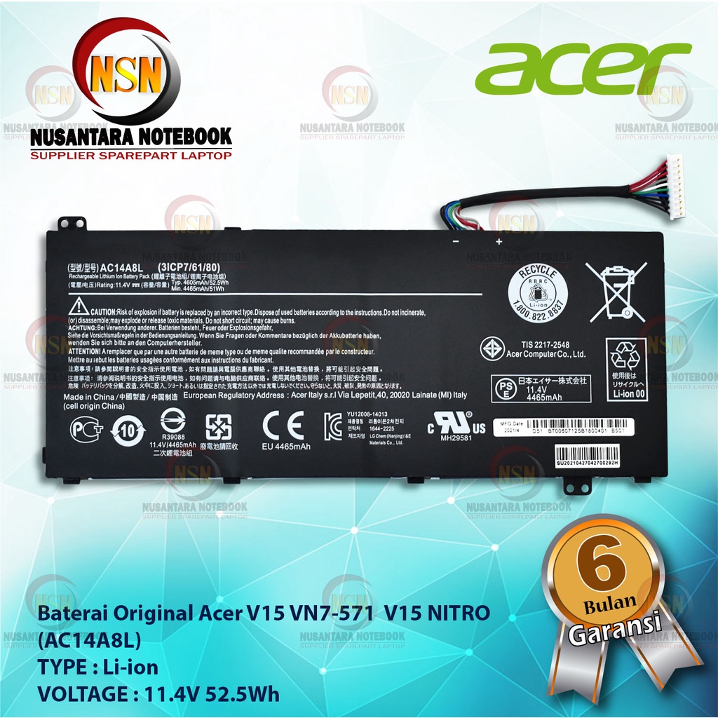 Baterai Original Acer V15 VN7-571 V15 NITRO AC14A8L 11.4V 52.5Wh