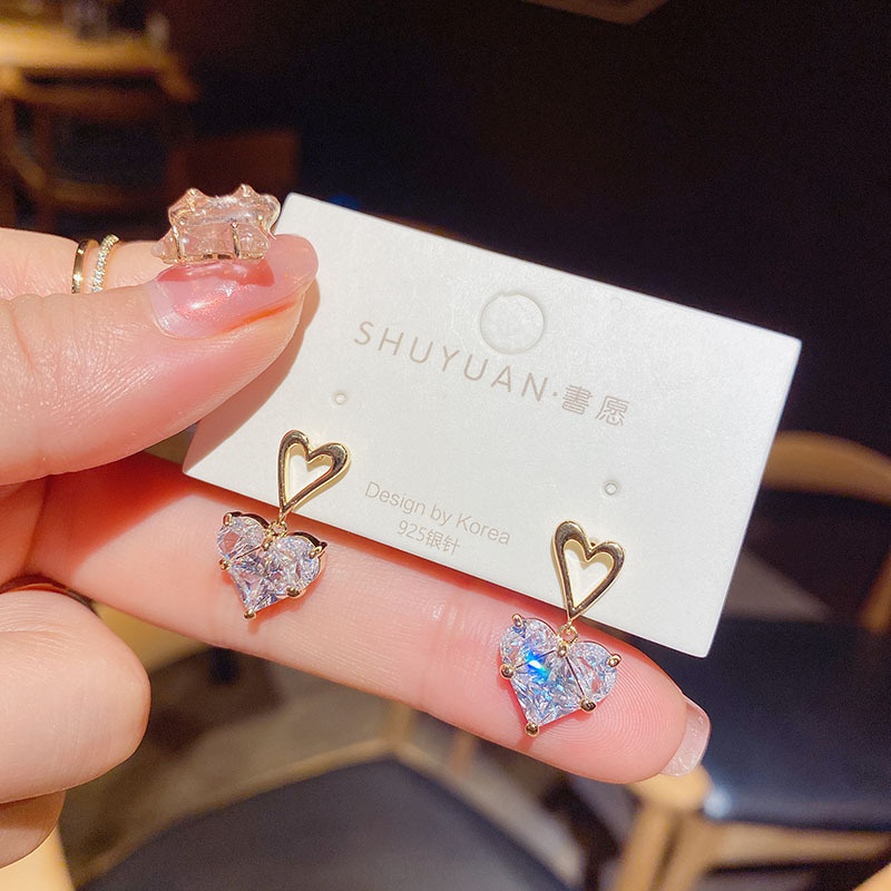 Anting Tusuk Silver Desain Hati Hias Zircon Gaya Korea Untuk Wanita