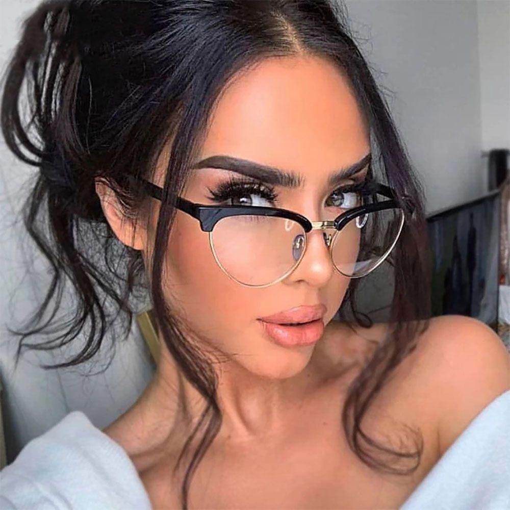 Agustinina Cat Eye Spectacles Transparan Fashion Wanita Anti Cahaya Biru Pria Setengah Bingkai Kacamata Optik