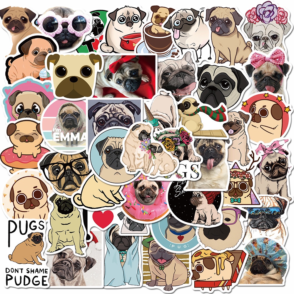 [In stock] 50pcs cute pug cartoon stickers, funny hand account stickers, children's toys, computer waterproof stickers