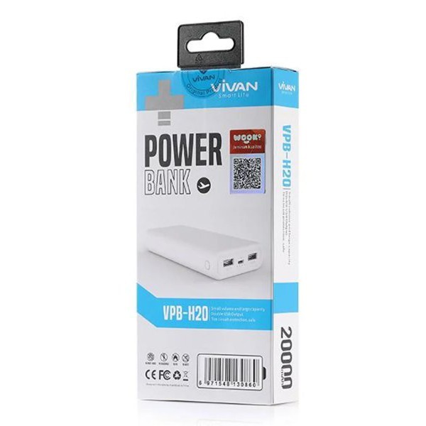 ORIGINAL POWERBANK 20000mah DUAL OUTPUT PHON SIZED WHITE - VIVAN VPB-H20