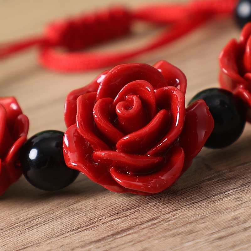 Vintage National Style Rose Carved Handmade Weave Bangle/ Exquisite Red Rope Beaded Craft Bracelet