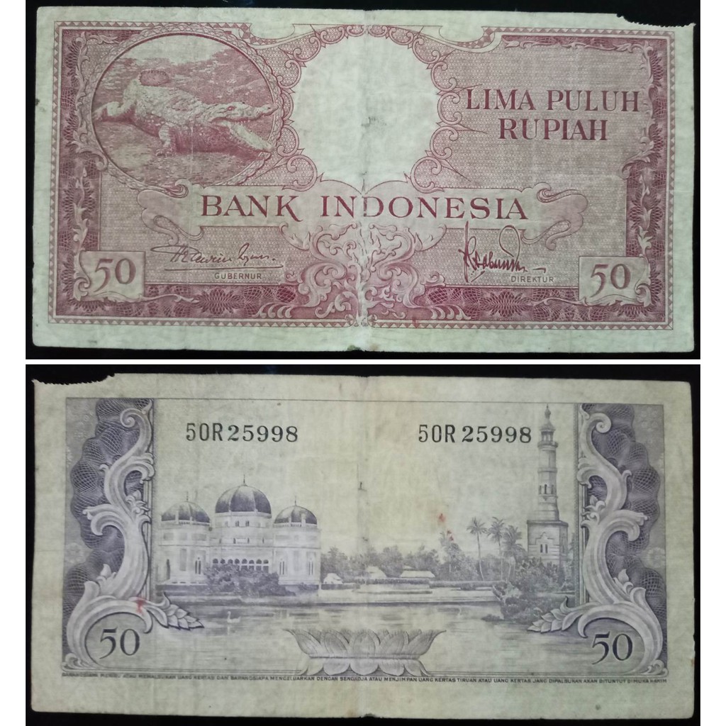 Uang Kuno 50 Rupiah Tahun 1957 Seri Hewan (Buaya) Prefik Satu Huruf "R"