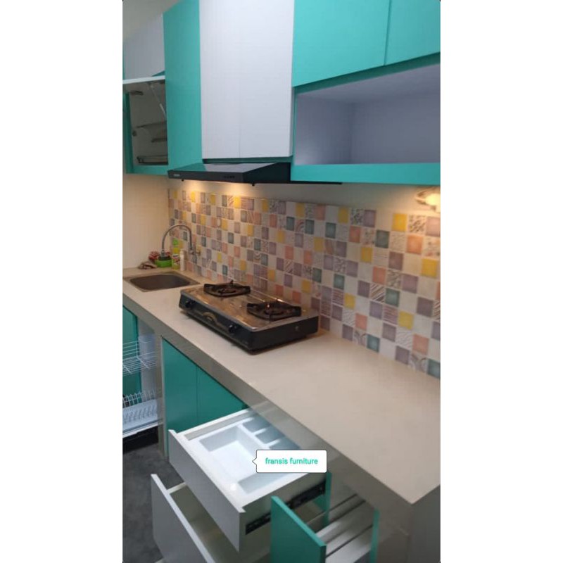 kitchen set minimalis kayu hpl rak piring lemari sayur ukuran atas bawah 5 meter (2.5x2.5)