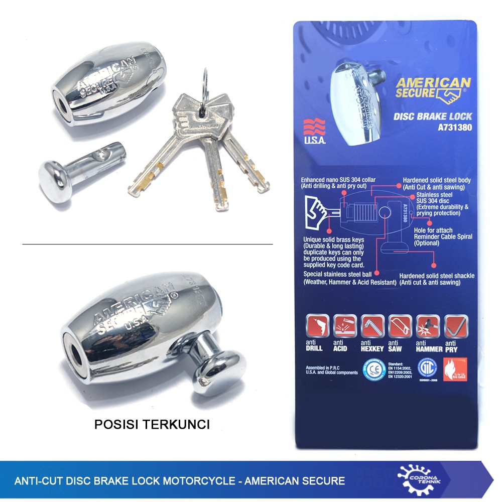 Anti-Cut Disc Lock Motorcycle - American Secure - Gembok Rem Cakram