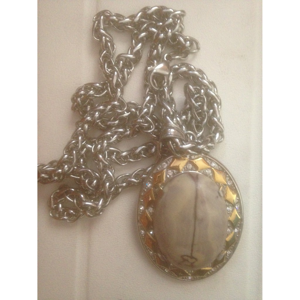 Kalung Rantai baja dengan liontin Batu alam motif air terjun, langka dan antik,untuk kolektor