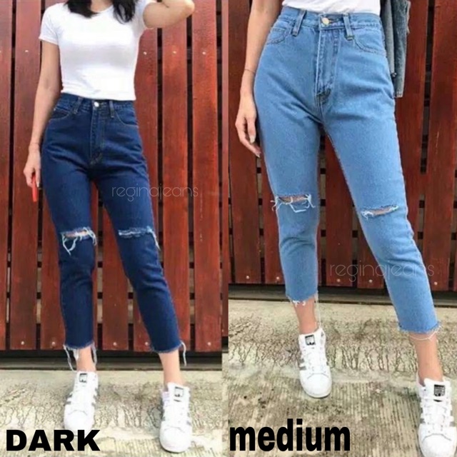 4 warna - HIGHWAIST boyfriend unfinished cut jeans custom sobek lutut / cut knee gunting bawah