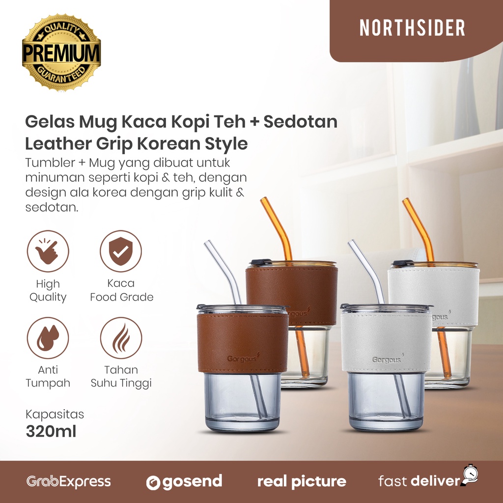 GELAS MUG KACA KOPI TEH SEDOTAN 320ML TUMBLER LEATHER KOREAN STYLE