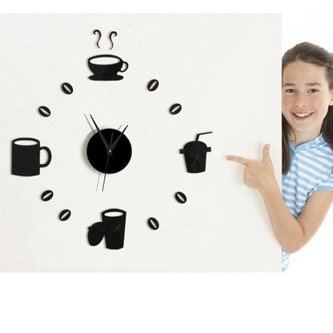 Jam Dinding 3D Motif Cafe 70cm Jam dekorasi Kopi Cafe DIY Giant raksasa Clock Quartz 80-130cm Model Kopi Café 3D Wall Clock Mirror Wall Stickers DIY Clocks Removable Art Decal Sticker Home Decor Living Room Cafe DIY Large Wall Clock Frameless Giant Wall