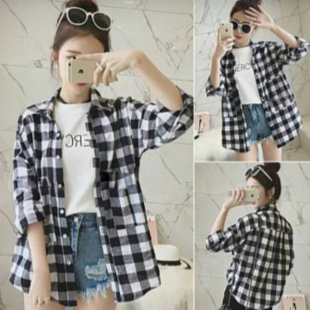 GSL KEMEJA WANITA CASUAL JUMBO KOREA LENGAN PANJANG IMPORT POLOS KOTAK KOTAK OVERSIZE Baju Kemeja Atasan Wanita Hitam Puith Terbaru 2021 Kekinian Viral-2