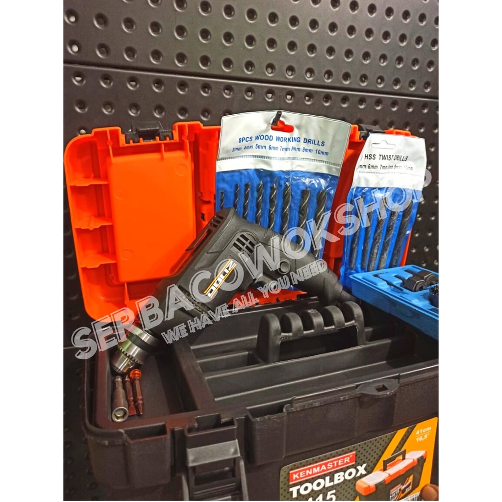 Promo Paket Mesin Bor Doliz 10 mm + Tool Box + Holesaw 13 pcs Bonus Mata Bor Set Besi &amp; Kayu