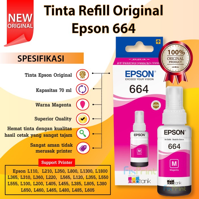 Tinta Epson Original 664 t6643 Magenta- Tinta Refill Epson L210 L110 FSB2775