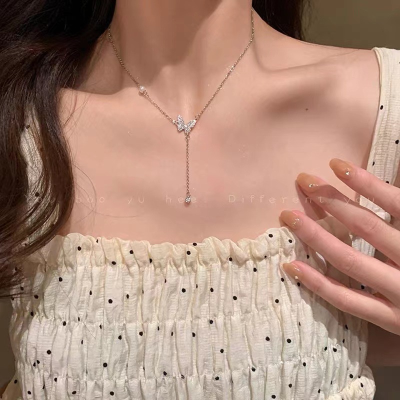 Kalung Rantai Klavikula Desain Kupu-Kupu Rumbai Mutiara Bahan Titanium Steel Gaya Korea Untuk Wanita