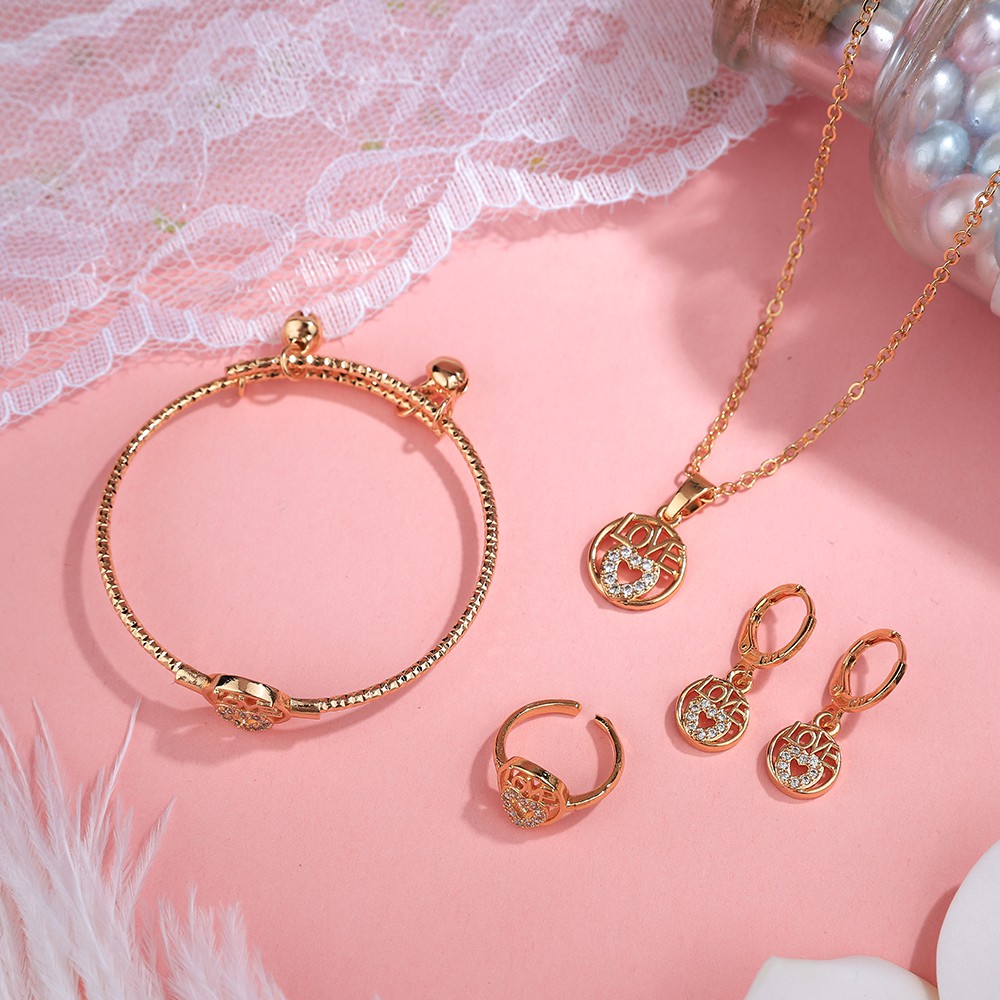 set perhiasan anak titanium kalung anti karat gelang wanita anting korea fashion cincin paket aksesoris wanita murah D456