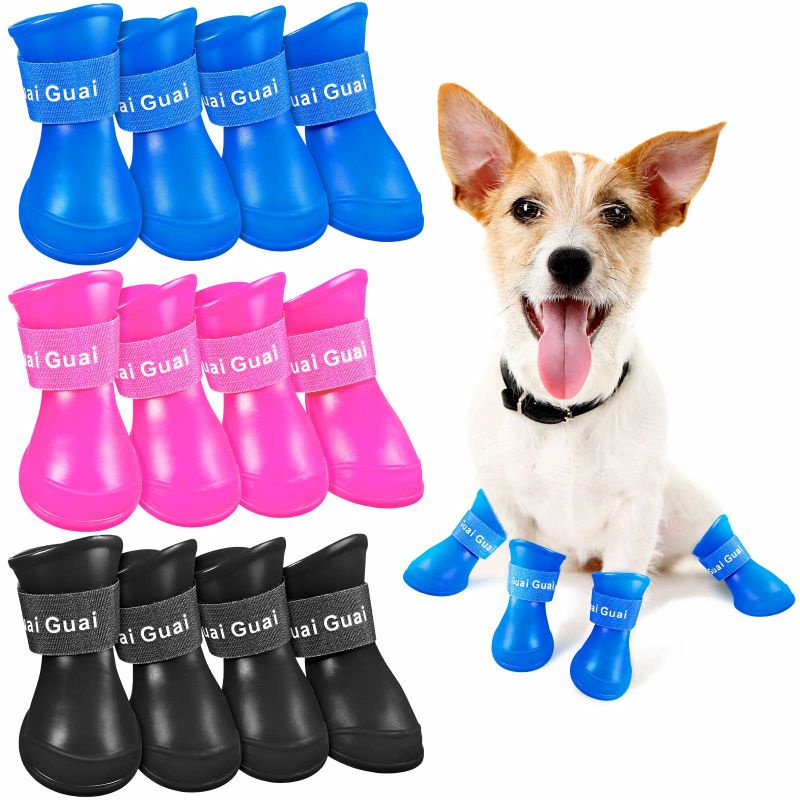 4pcs Sepatu Anjing Hujan Tahan Air Anti Slip Sepatu Boots Anjing Kucing Sepatu Kucing Anti Air Hujan