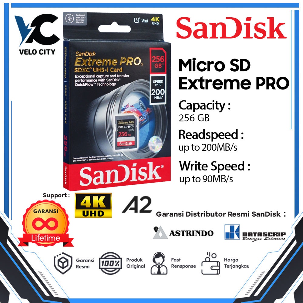 SD Card 256GB SanDisk Extreme Pro UHS-I 4K U3 up to 200Mbps - Garansi Resmi Lifetime