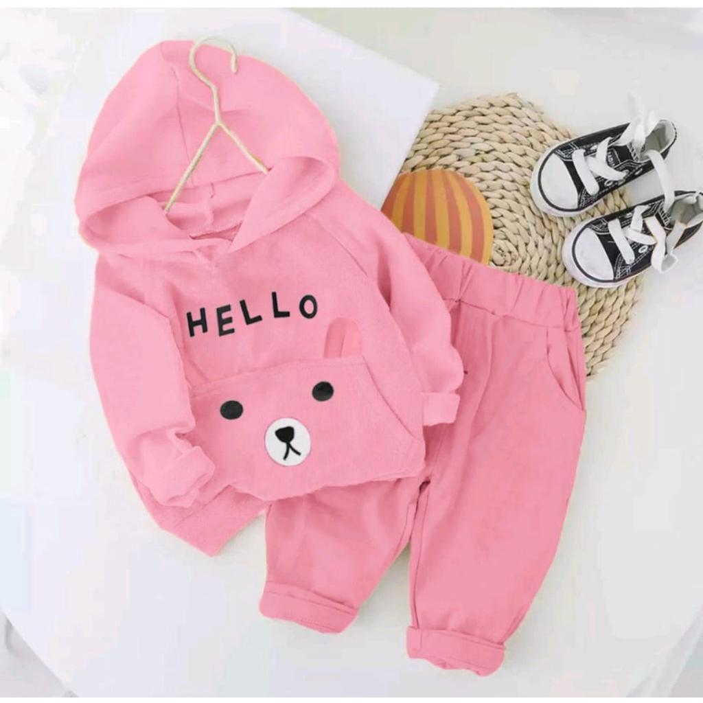 PROMO- SETELAN JAKET HOODIE ANAK PEREMPUAN MOTIF HELLO UMUR 1-5 TAHUN SETELAN HOODIE MUSIM DINGIN ANAK LAKI LAKI DAN ANAK PEREMPUAN