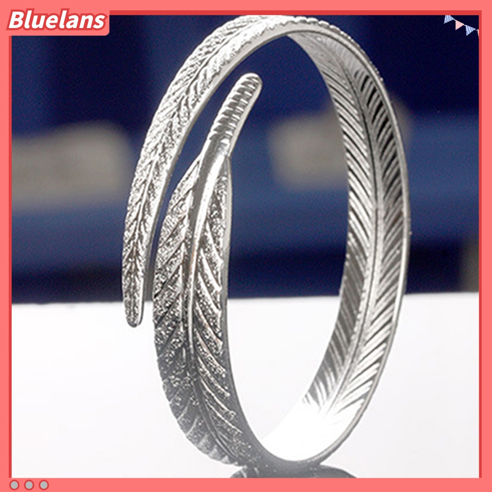 Gelang Bangle Model Terbuka Lapis Silver Bentuk Bulu Gaya Vintage Adjustable Untuk Wanita