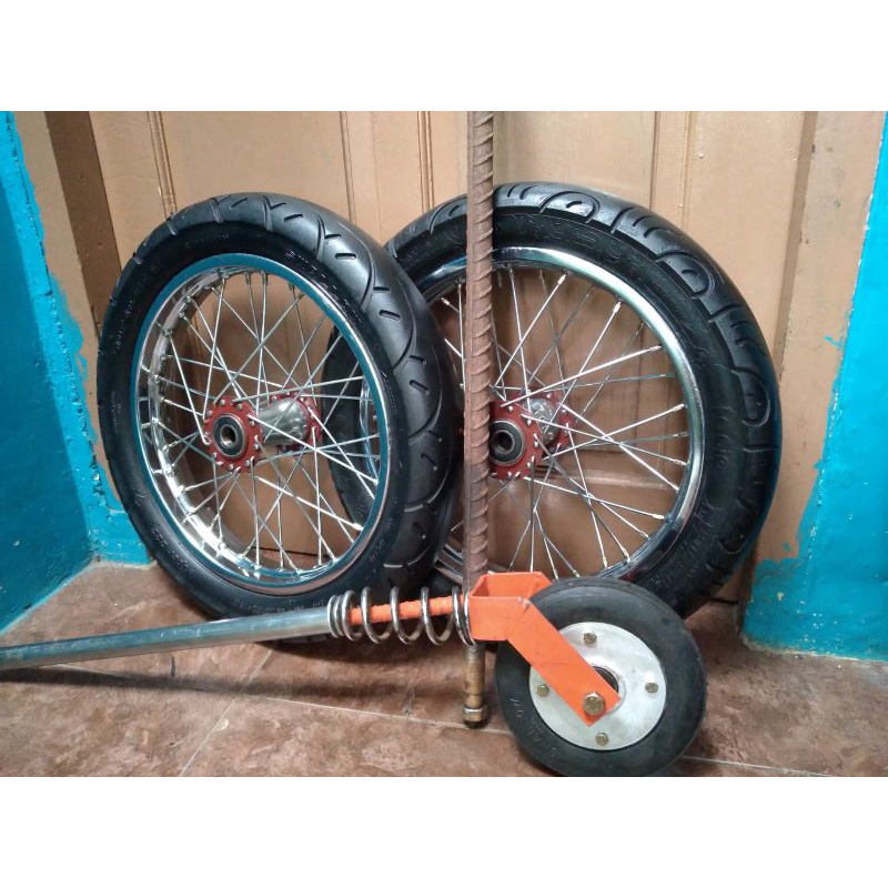 Roda Gerobak Dorong model jeruji jari2 motor ring14 satu set as +Roda gletrek