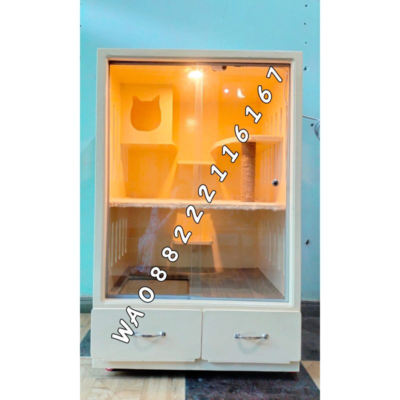 Cat quarium kandang kucing kayu kaca
