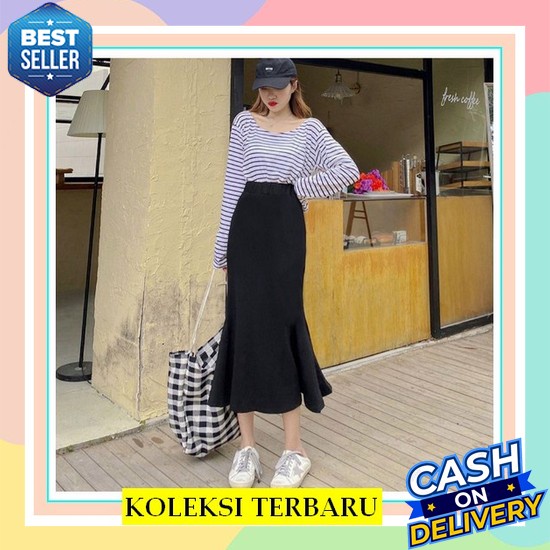 Rok Wanita Garis Korea Merk Panjang Scuba Fashion R3Z1 Terlaris Serut Terbaru Kekinian Span Rempel R