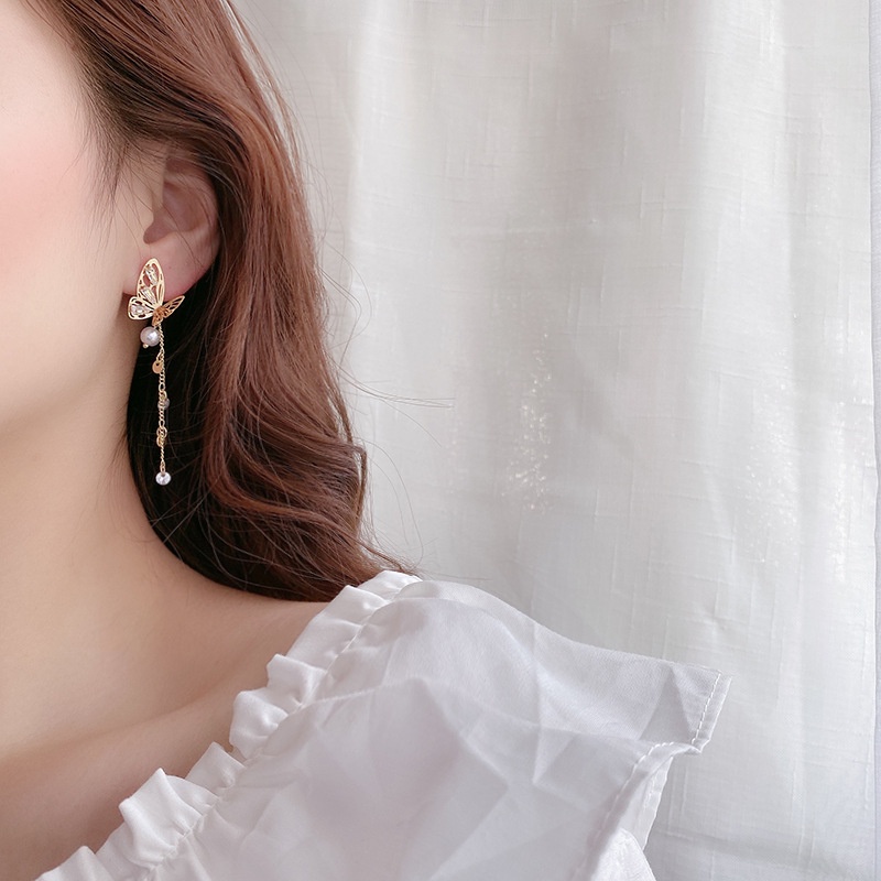 Shuling 925 Silver Needle High-quality Zircon Butterfly Earrings Female Long Tassel Pearl Earrings Super Sweet Ear Jewelry