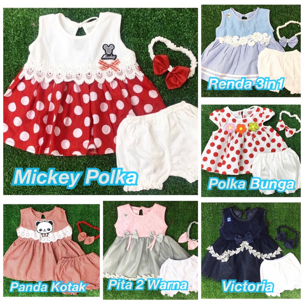 3in1 Set Dress SNI Baby Girl + Celana &amp; Bandana Newborn estimasi 0-12 Bulan AM