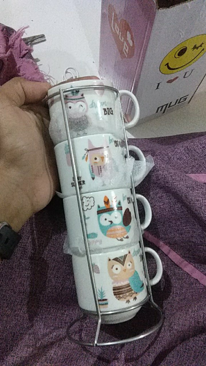 Babee Mug Keramik Set 4 Susun Size S / Cangkir Gelas 4 Susun Banyak Motif / Mug Teh Kopi / Kado Unik