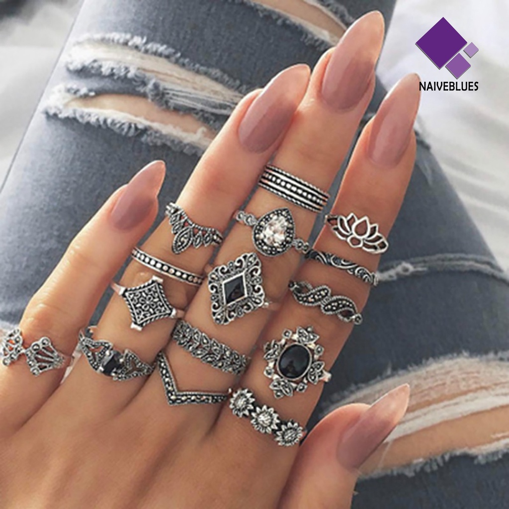 15pcs / Set Cincin Jari Stacking Permata Imitasi Model Bunga Matahari Teratai Hollow Untuk Wanita