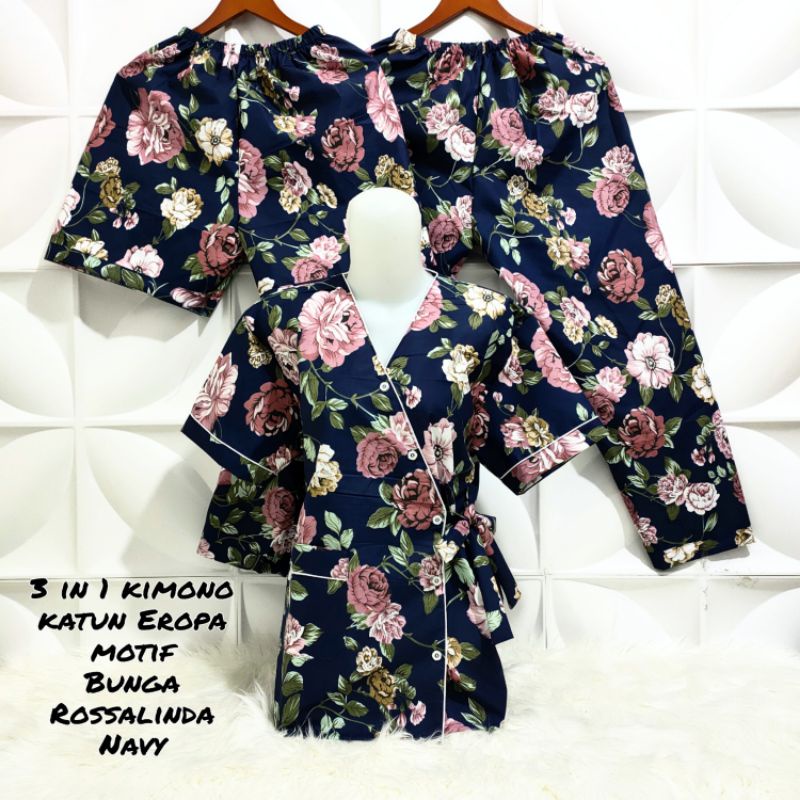Piyama Kimono 3 in 1 dewasa motif Bunga sakura-Rossalinda Navy KMN
