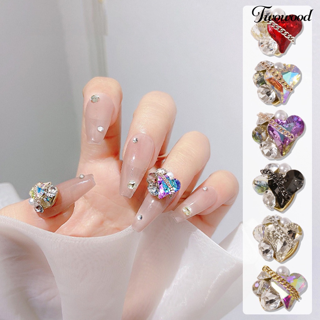 3pcs / Set Ornamen Kuku 3D Bentuk Hati Aksen Berlian Imitasi Untuk Salon Manicure