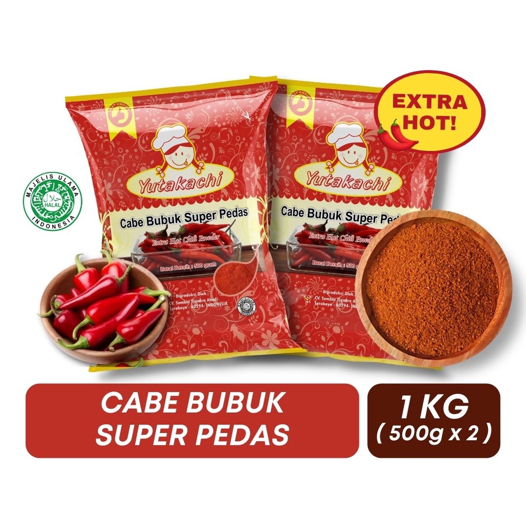 Cabe Bubuk Super Pedas 1 Kg (500gr x 2) Yutakachi / Chili Powder Extra Hot / Serbuk Cabe 1Kg Bumbu Rempah Murni Yutakachi / Cabe Giling / Cabe Serbuk Keripik Makaroni Basreng Seblak / Pusat Bumbu