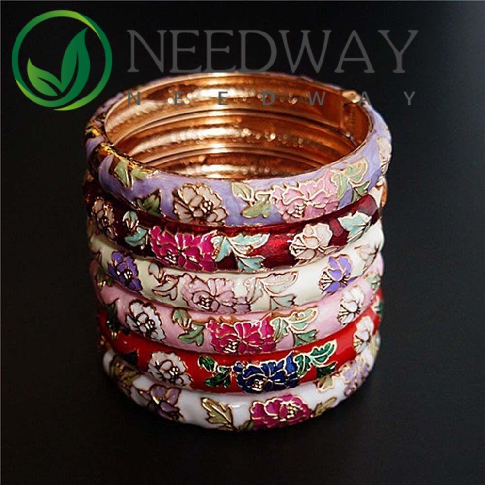 Gelang Bangles Cloisonne Desain Bunga Gaya Vintage Tradisional China Etnik