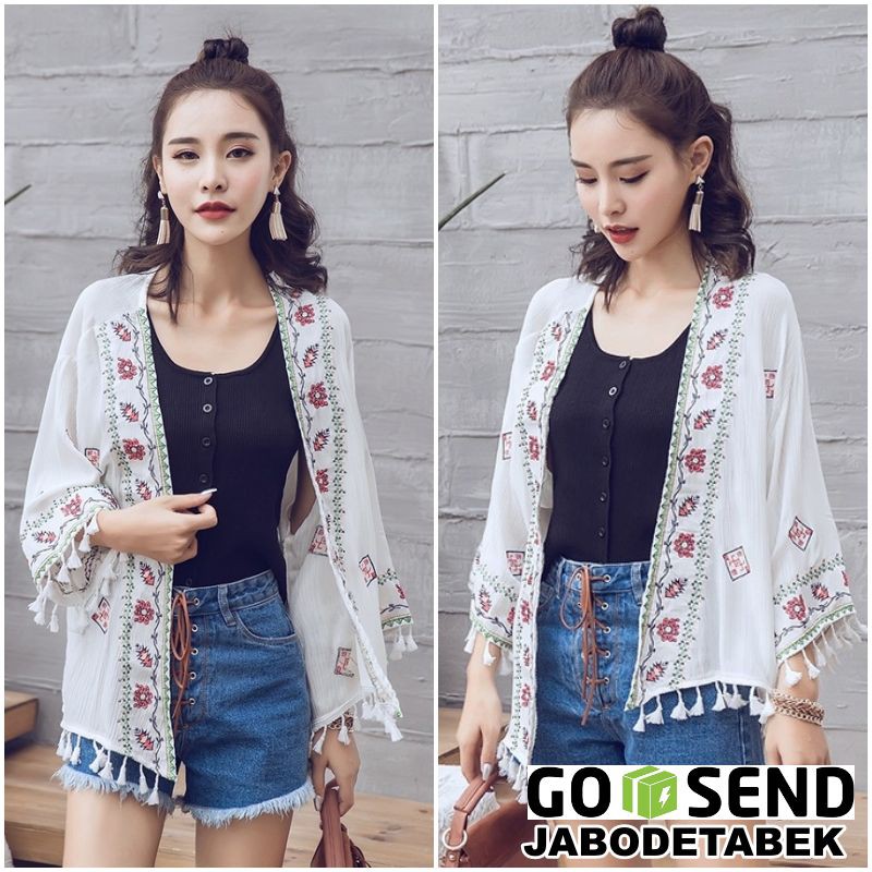 Cardigan Outer Outwear Pantai Bordir Boho Bohemian Tassel Rumbai Etnik Korea