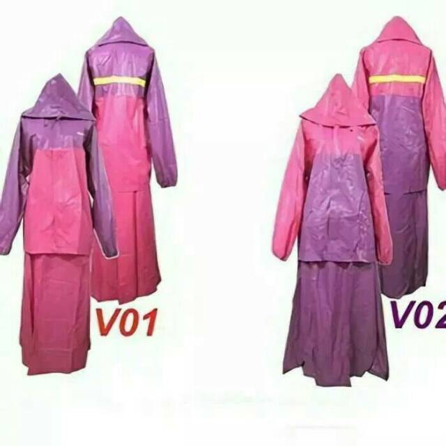 Jas Hujan Wanita Dewasa Mantel Hujan Valencia Setelan Jaket Rok Kombinasi Ungu Pink