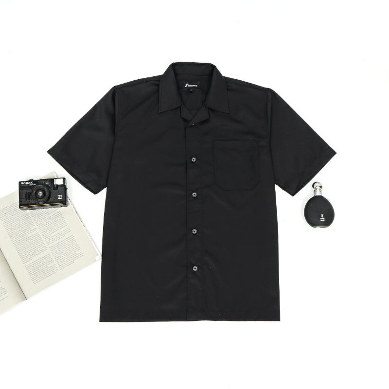 Kemeja Pria cuban Kerah terbuka hitam polos simple/ bowling shirt cowok distro