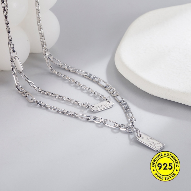 Kalung Rantai Klavikula Bahan S925 Silver Double Layer Dengan Liontin Persegi Tahan Air Anti Karat Untuk Wanita