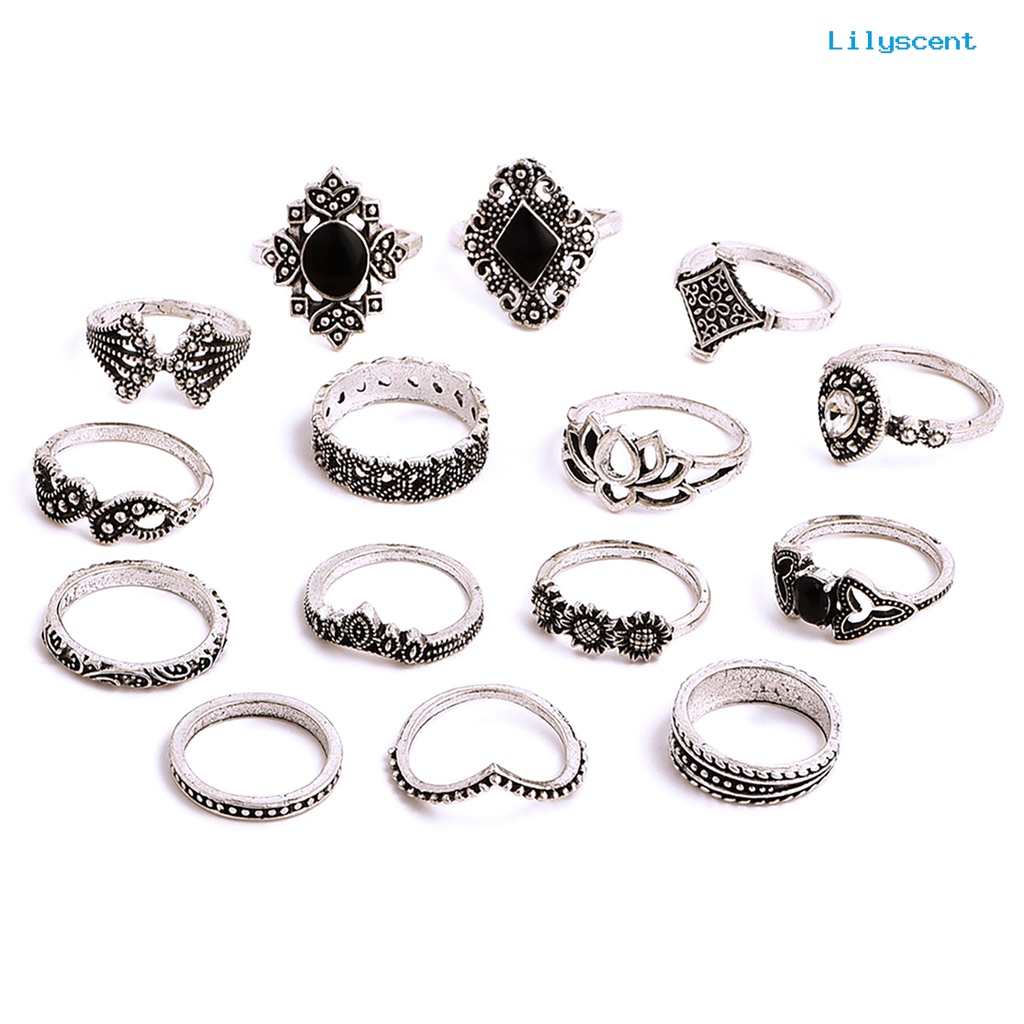 15pcs / Set Cincin Jari Tumpuk Bentuk Bunga Matahari Teratai Geometris Aksen Batu Permata Tiruan Untuk Wanita