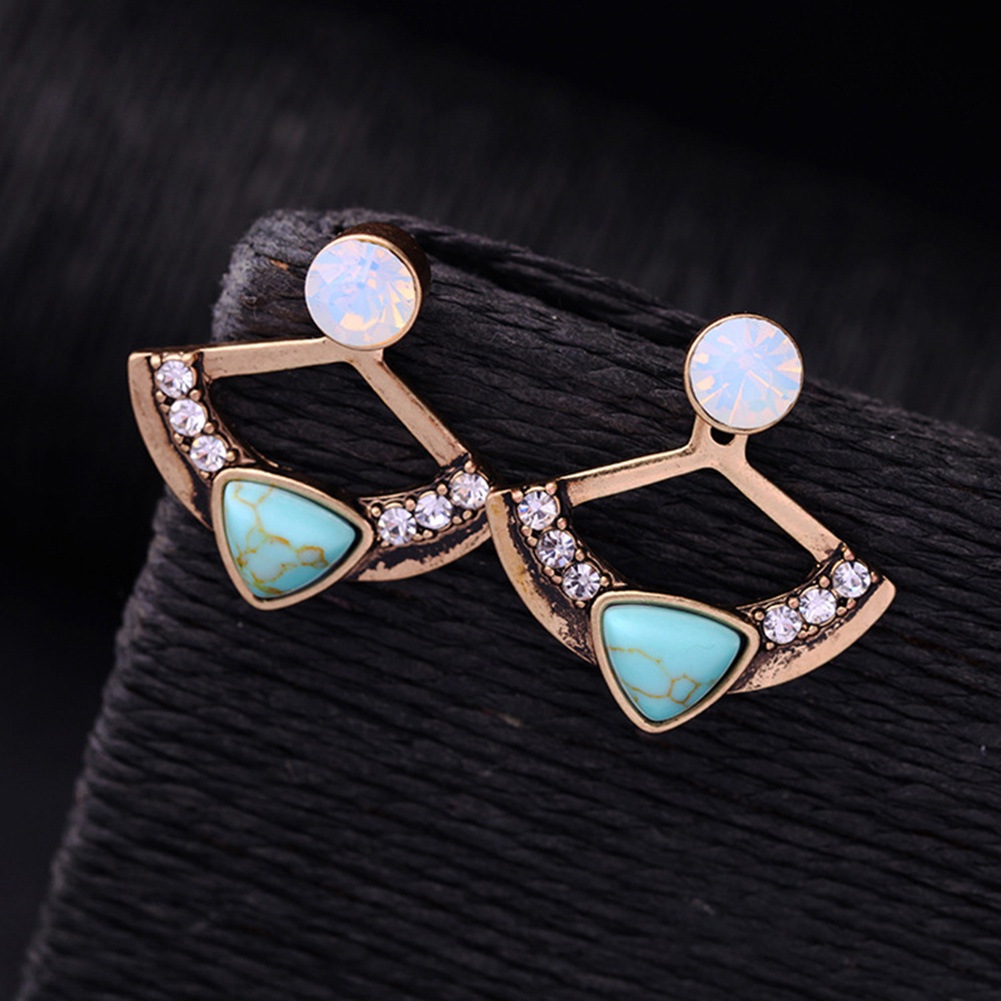 Hu Hu Hu Hu Hu Alat Bantu Pasang Kacamata♡ Anting Tusuk Bentuk Kipas Hias Berlian Imitasi Warna Turquoise Untuk Wanita