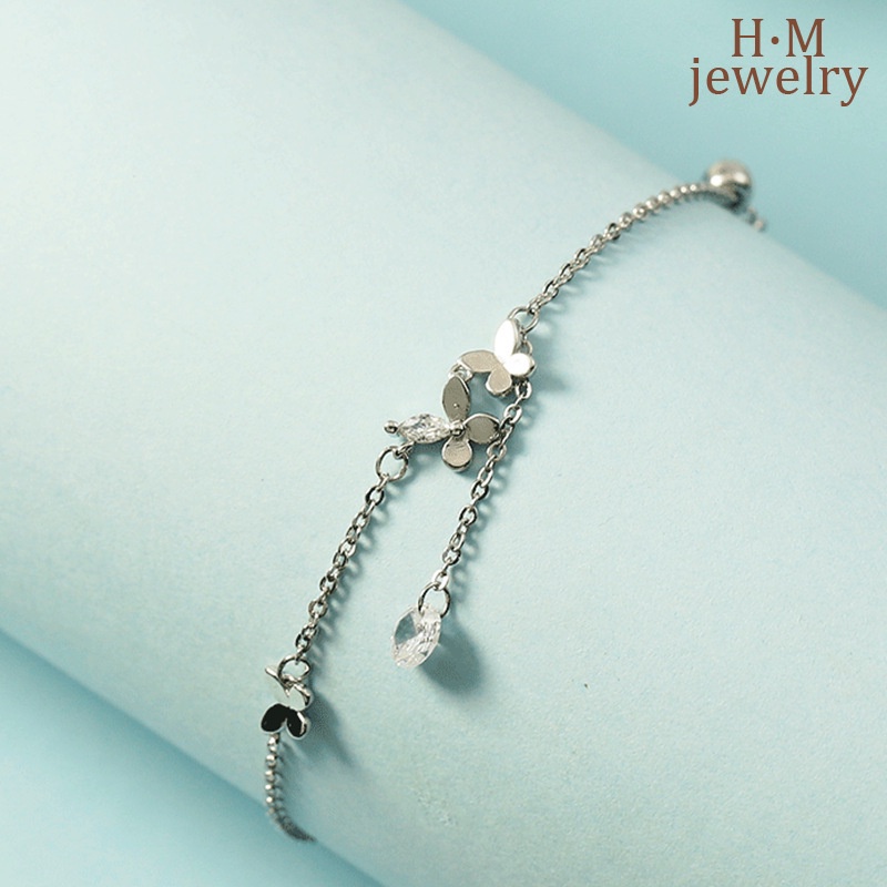 Gelang Kaki S925 Silver Model Rumbai Kupu-Kupu Aksen Berlian Butterfly