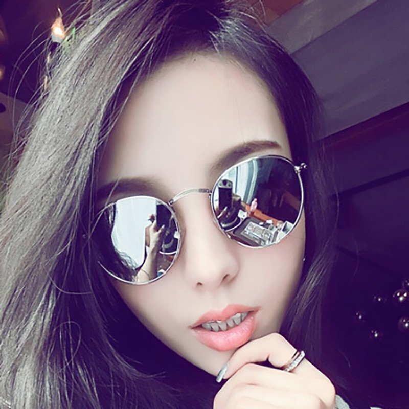 (YUZHU) Kacamata Hitam Korean Ulzzang Harajuku Style Round Metal Reflective Mirror Sunglasses