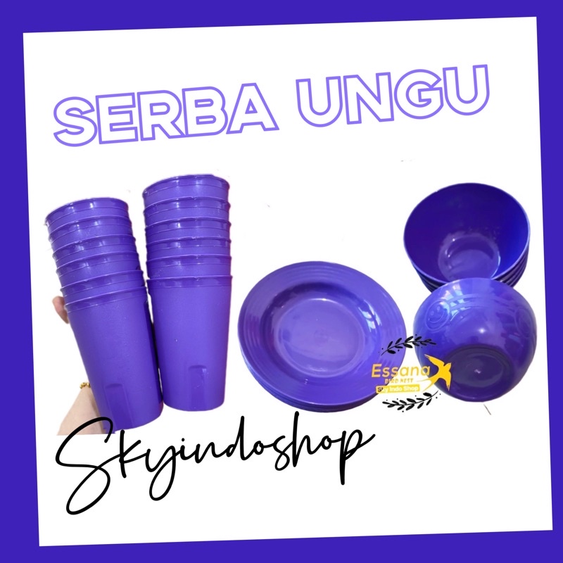 ( Serba Warna Ungu ) ( 12 Pcs ) Gelas , Mangkok , Piring Rotan , Piring Bulat , Piring Bunga , Pirin