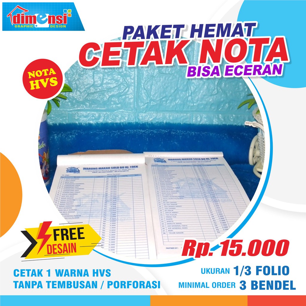 

(MINIMAL 3 BENDEL) Cetak Nota Bon / Invoice Tanpa Rangkap / Nota HVS Uk. 1/3 Folio