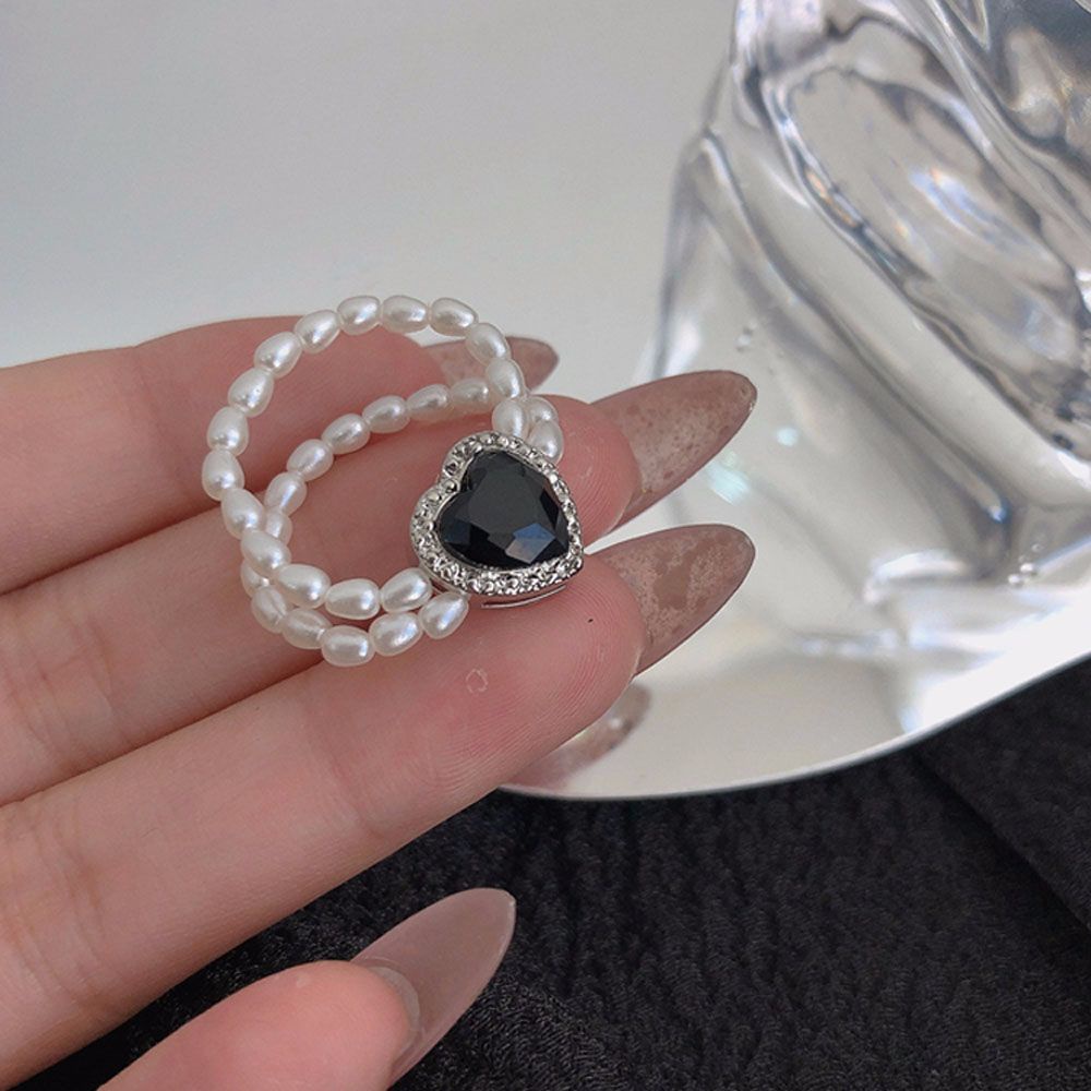 Needway  Women Girls Rings Wedding Party Jewelry Bead Ring Fashion Accessories Elastic Heart-shaped Diamond Black Gem Romantic Finger Ring/Multicolor