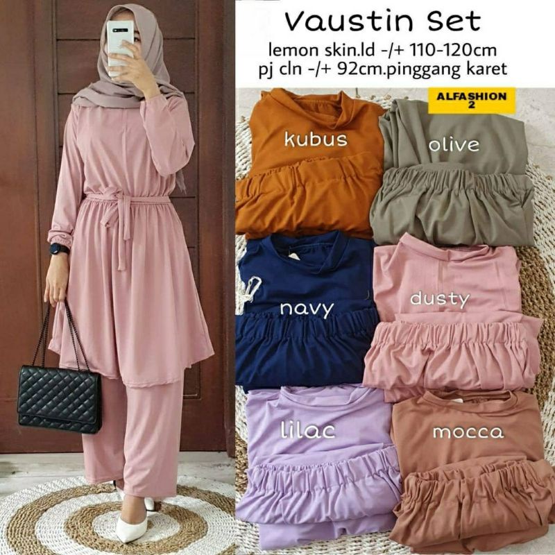 Vaustin Set, SETELAN WANITA MUSLIM POLOS CANTIK JUMBO BAHAN LEMON SKIN PREMIUM LD 110-120 TERMURAH