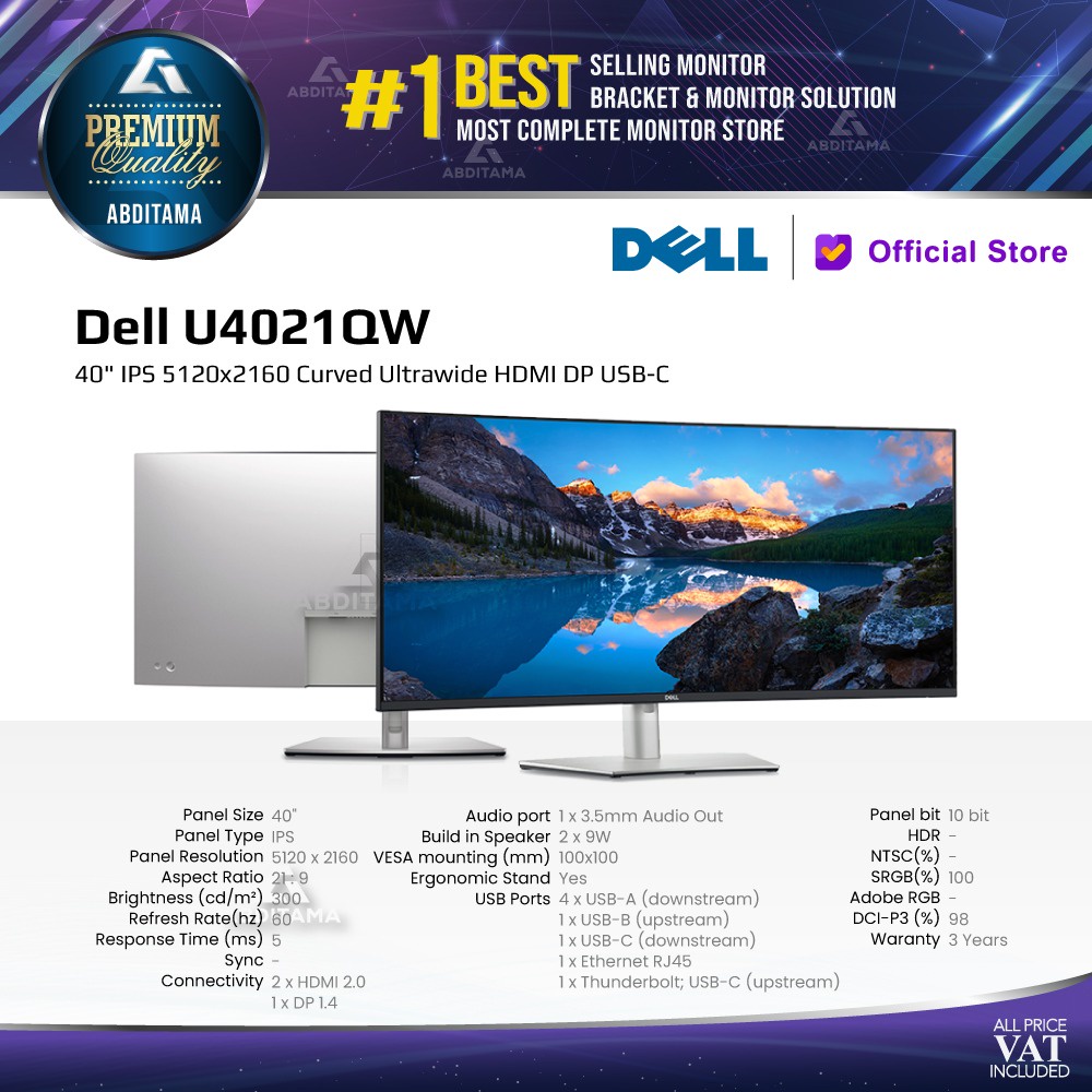 Monitor Dell U4021QW 40&quot; IPS 5120x2160 Curved Ultrawide HDMI DP USB-C