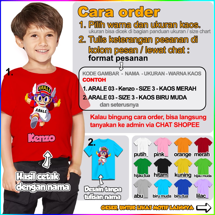 [FREE NAMA!!] Baju Kaos ANAK DAN DEWASA ARALE BANYAK MOTIF